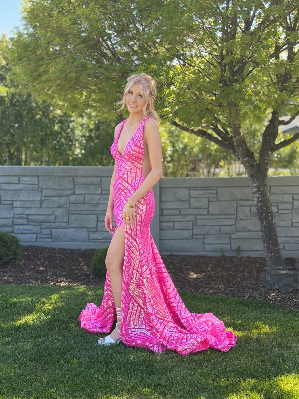 Jovani Prom Dress.Pink Sequin V-Neck with High Slit